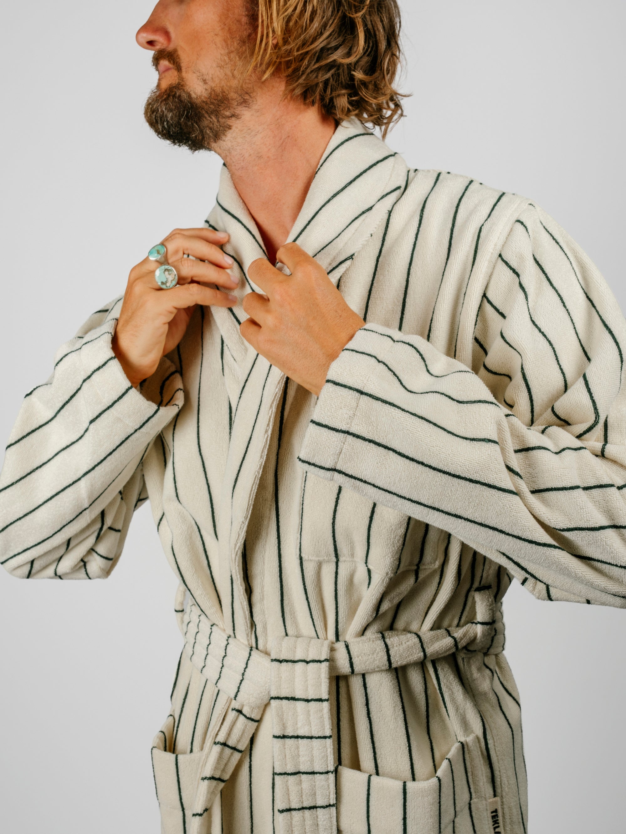 Organic Cotton Striped Bathrobe | Racing Green