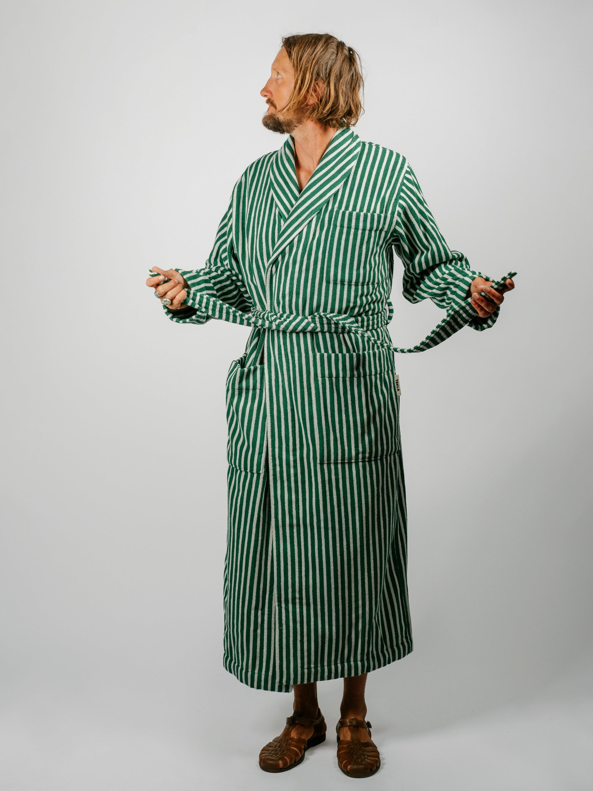 Organic Cotton Striped Bathrobe | Teal Green